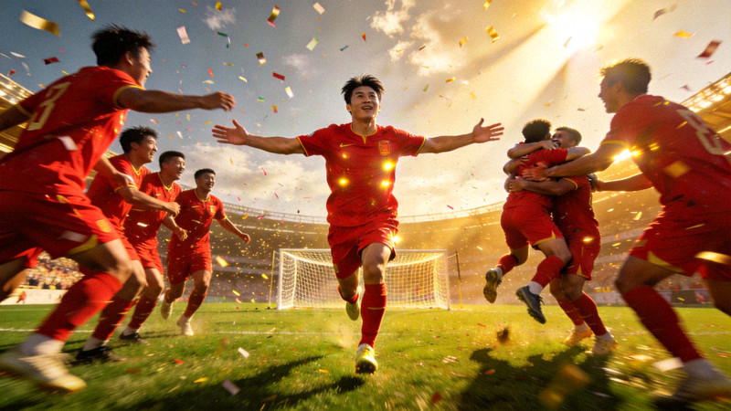 世界杯比赛场景，球员庆祝进球瞬间
